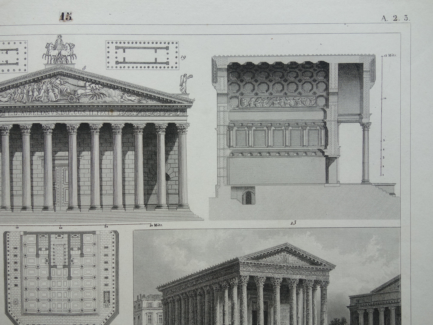 Vintage print van Griekse en Romeinse architectuur Originele antieke illustratie tempels Oude prenten tempel Rome Nîmes