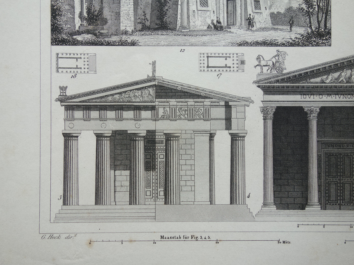 Vintage print van Griekse en Romeinse architectuur Originele antieke illustratie tempels Oude prenten tempel Rome Nîmes
