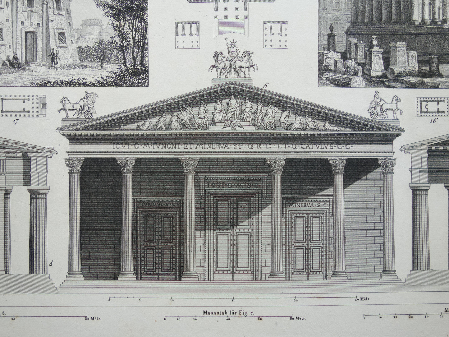 Vintage print van Griekse en Romeinse architectuur Originele antieke illustratie tempels Oude prenten tempel Rome Nîmes