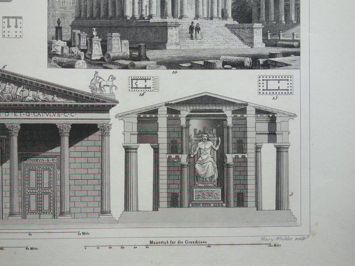 Vintage print van Griekse en Romeinse architectuur Originele antieke illustratie tempels Oude prenten tempel Rome Nîmes