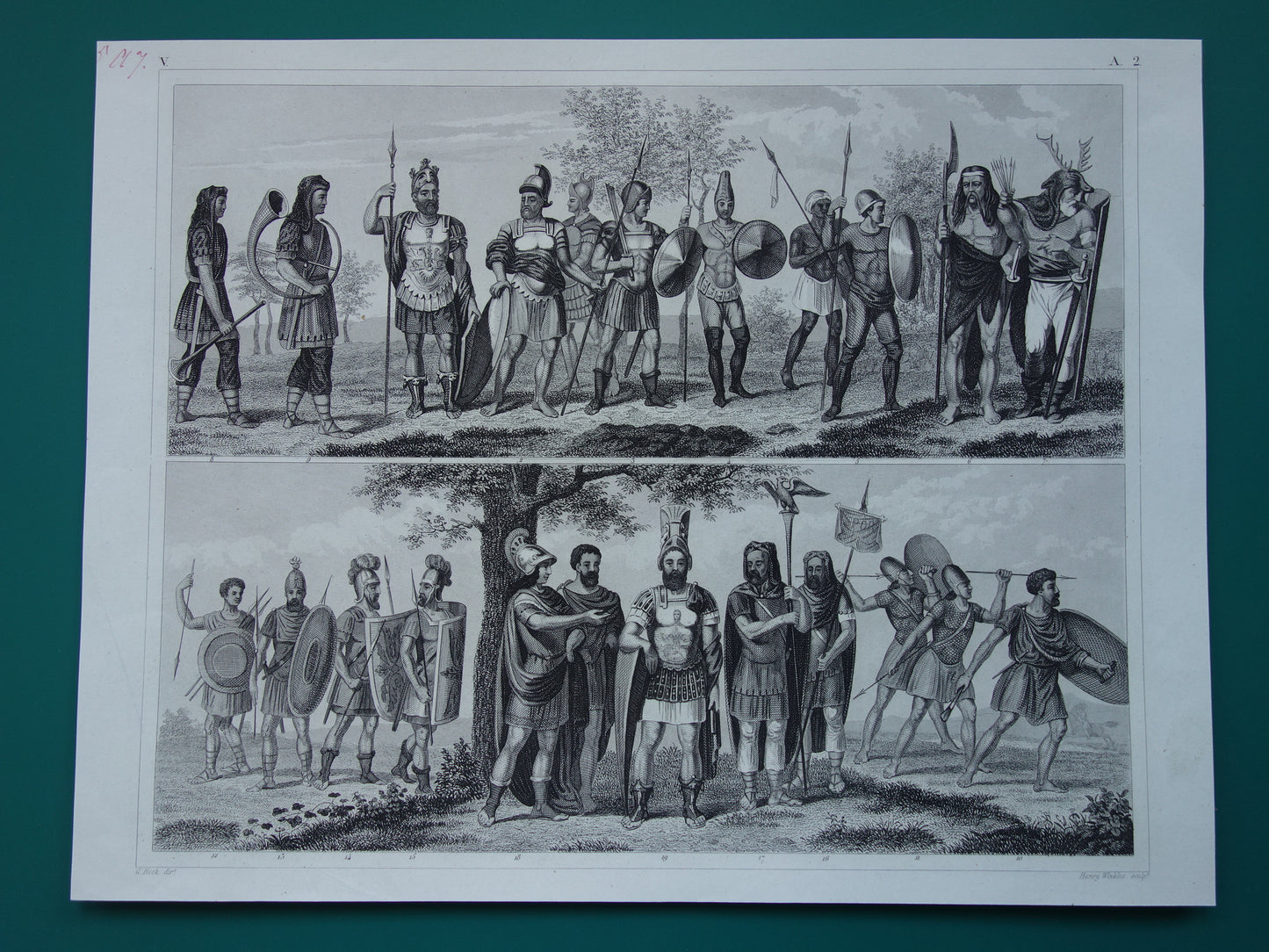 Antieke militaire prent Romeinse Soldaten uit Klassieke Oudheid 1849 originele oude illustratie Romeinse Rijk Vintage militaria prints