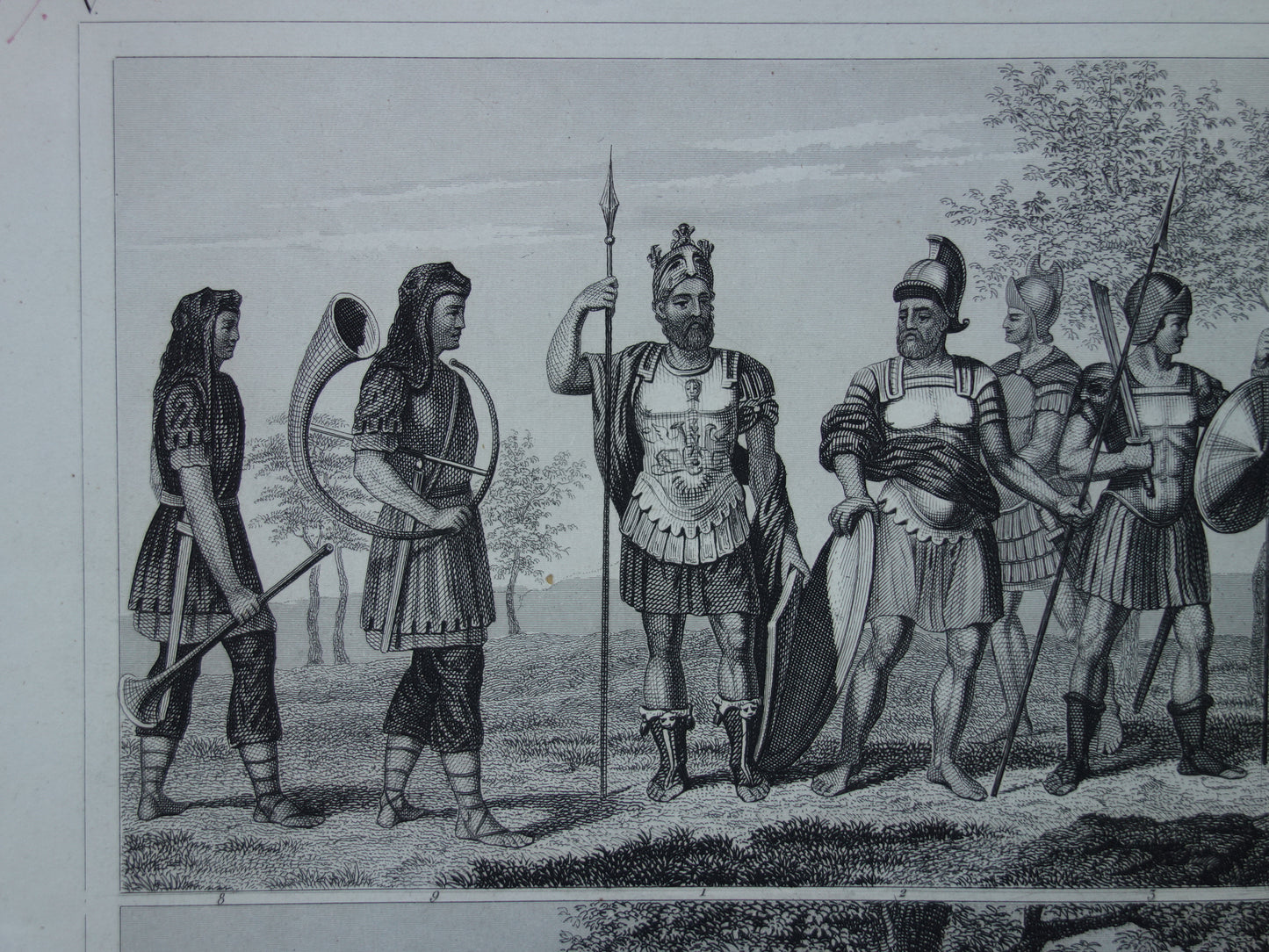 Antieke militaire prent Romeinse Soldaten uit Klassieke Oudheid 1849 originele oude illustratie Romeinse Rijk Vintage militaria prints