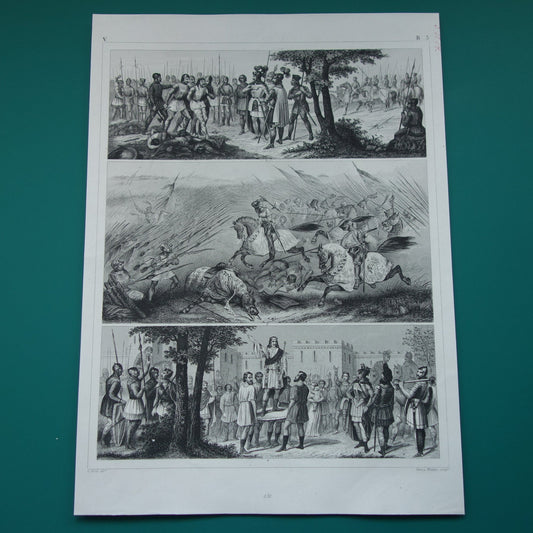 Oude militaria prent Soldaten uit Middeleeuwen 1849 originele antieke illustratie Cavalerie Decimatie Vintage militaire prints