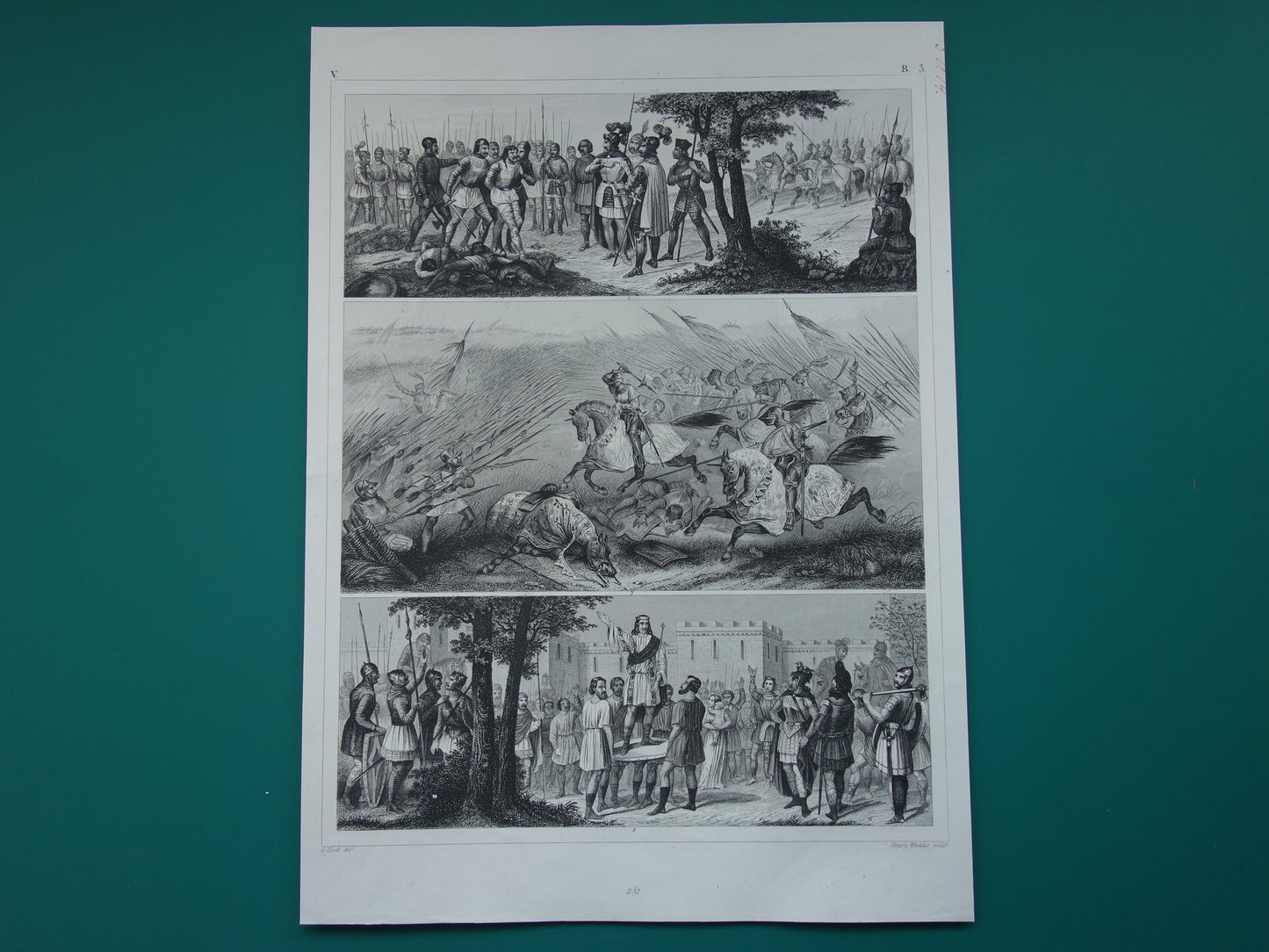 Oude militaria prent Soldaten uit Middeleeuwen 1849 originele antieke illustratie Cavalerie Decimatie Vintage militaire prints