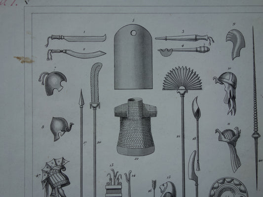 Oude prent Wapens uit Klassieke Oudheid 1849 originele antieke illustratie Egyptische schilden helm zwaarden Vintage militaire prints