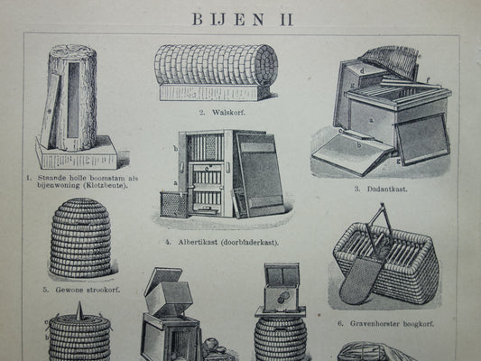 BIJEN Oude prent Bij Imker Bijenkorf originele vintage illustratie print Bijen houden