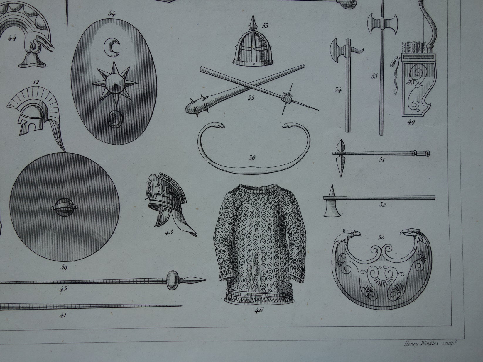 Oude prent Wapens uit Klassieke Oudheid 1849 originele antieke illustr