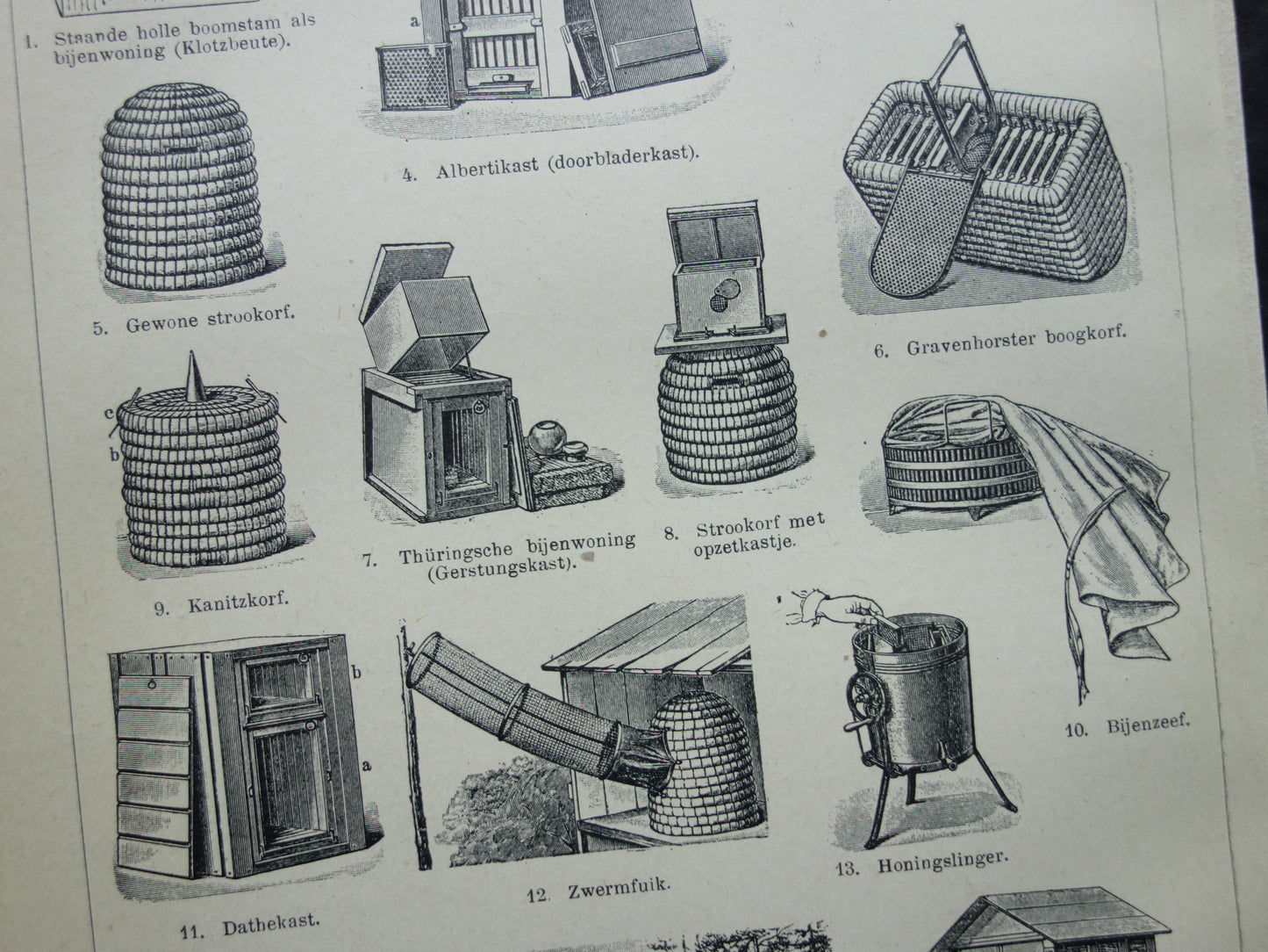 BIJEN Oude prent Bij Imker Bijenkorf originele vintage illustratie print Bijen houden