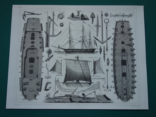 Oude prent van Nederlands Linieschip Originele antieke illustratie oorlogsschip ankers Vintage marine schip schepen prints