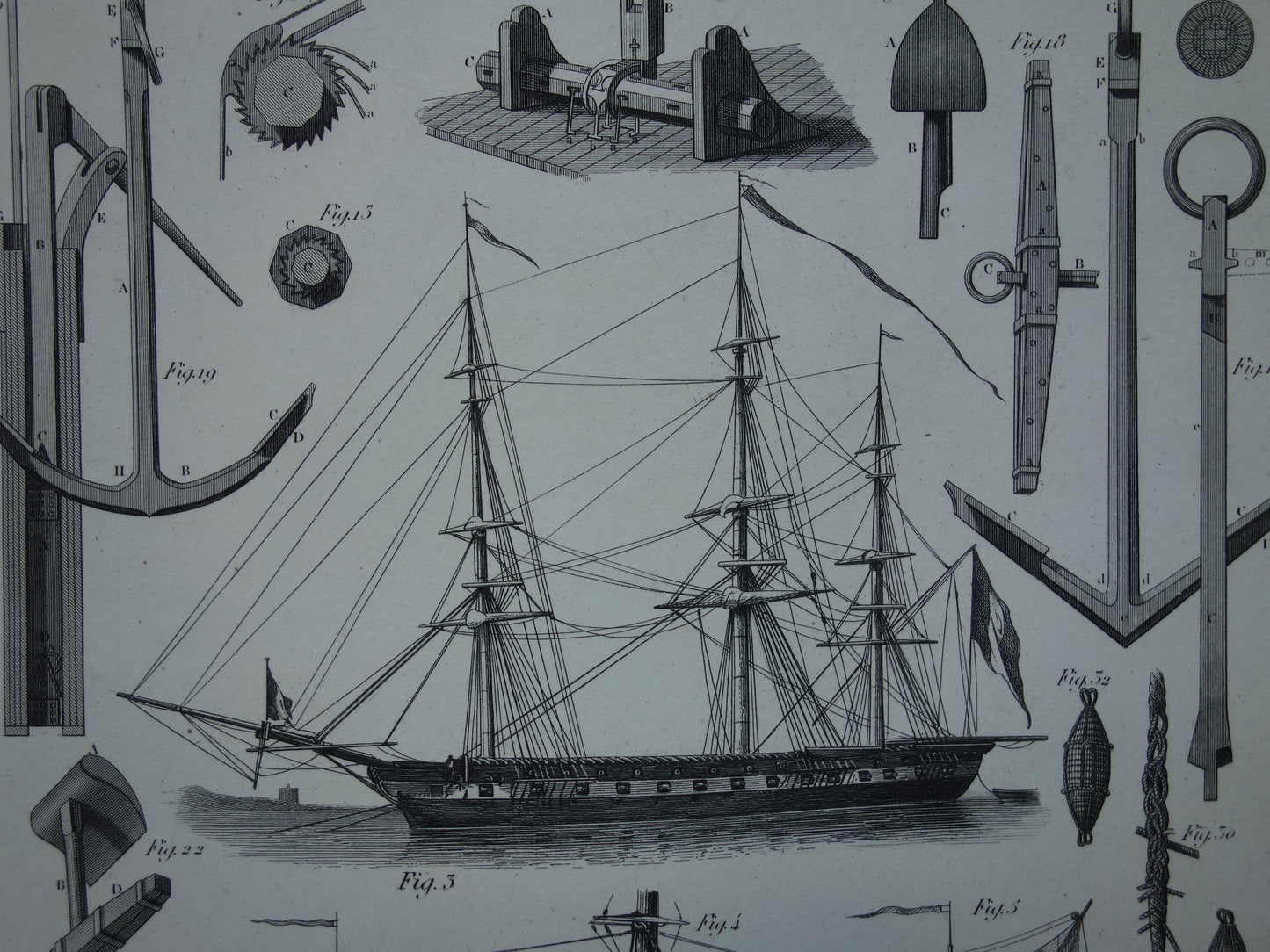 Oude prent van Nederlands Linieschip Originele antieke illustratie oorlogsschip ankers Vintage marine schip schepen prints