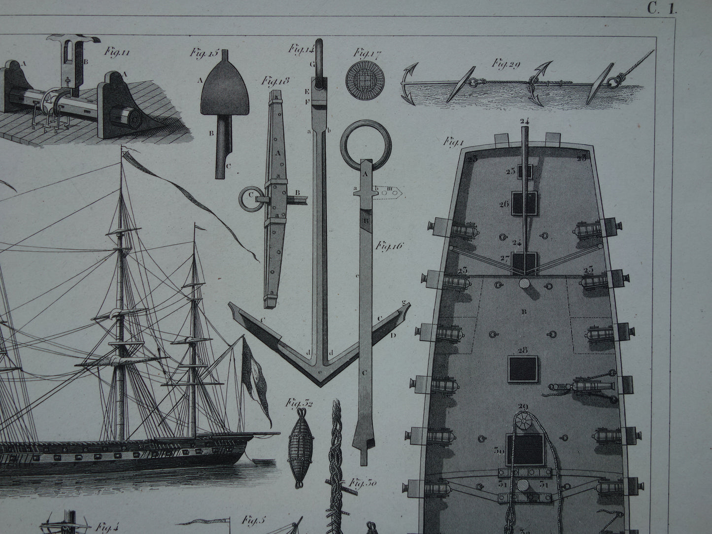 Oude prent van Nederlands Linieschip Originele antieke illustratie oorlogsschip ankers Vintage marine schip schepen prints