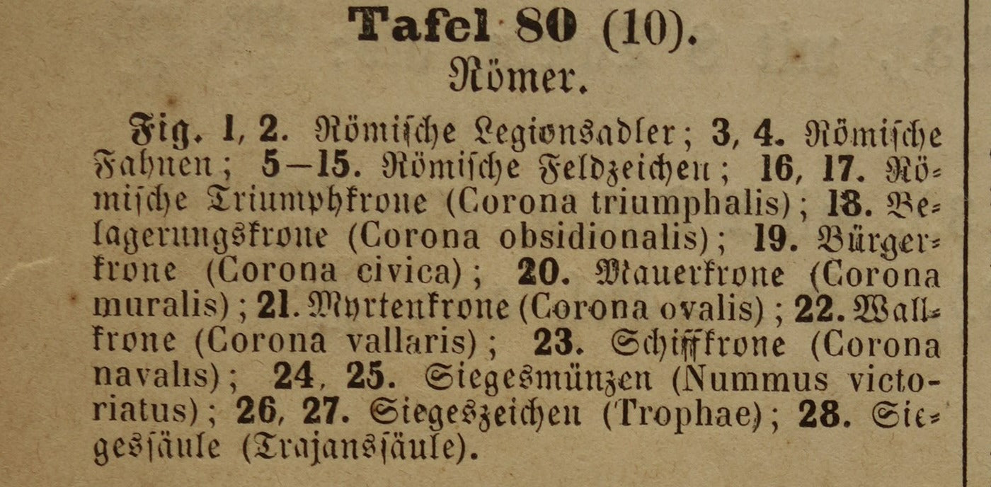 Romeinse leger oude prent met vaandels vlaggen adelaars kronen - originele antieke illustratie zuil van Trajanus - vintage militaria prenten