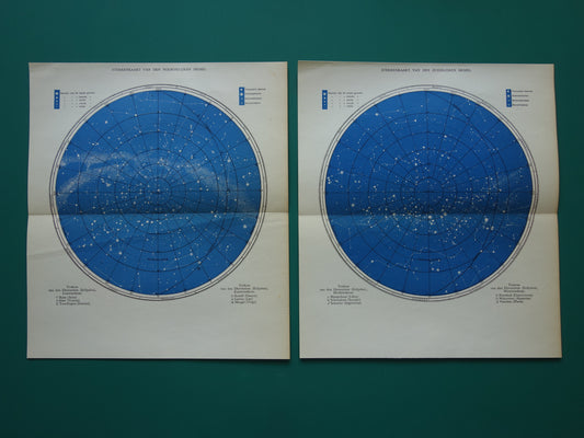 Oude Astronomie prenten van de noordelijke en zuidelijke sterrenhemel 1938 originele vintage Nederlandse prints sterren print