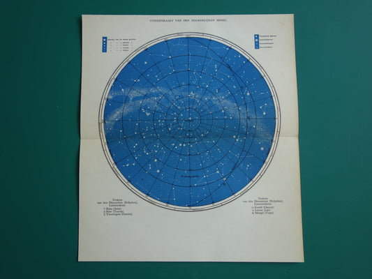 Oude Astronomie prenten van de noordelijke en zuidelijke sterrenhemel 1938 originele vintage Nederlandse prints sterren print