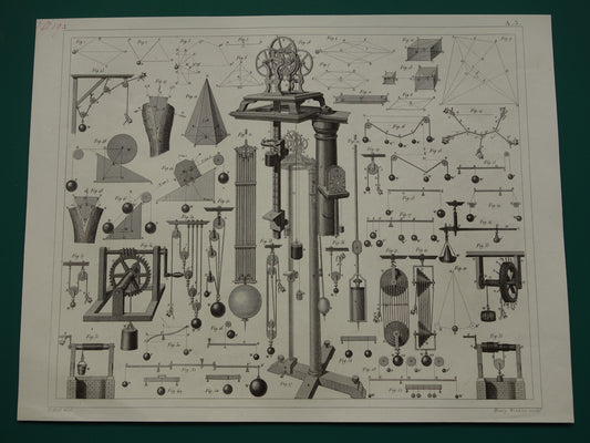 Natuurkunde oude prent katrollen 1849 originele antieke illustratie wetenschappelijke experimenten vintage print