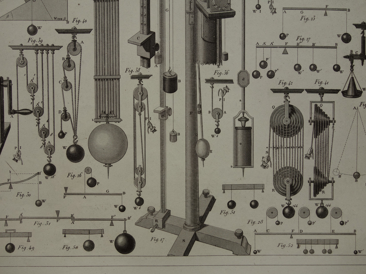 Natuurkunde oude prent katrollen 1849 originele antieke illustratie wetenschappelijke experimenten vintage print