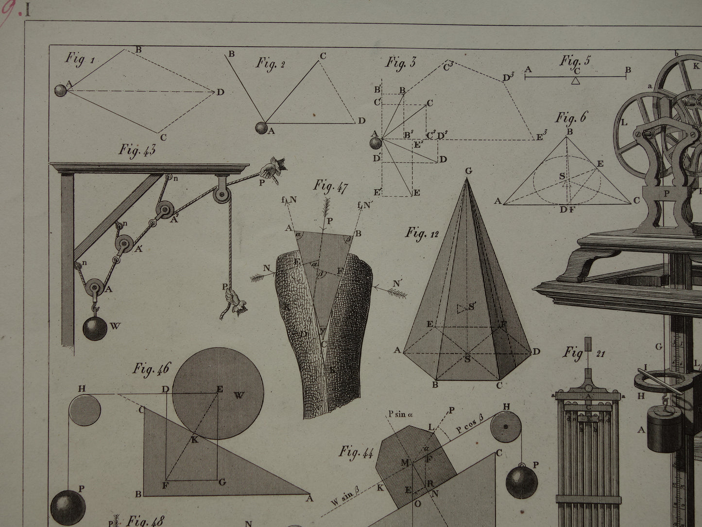 Natuurkunde oude prent katrollen 1849 originele antieke illustratie wetenschappelijke experimenten vintage print