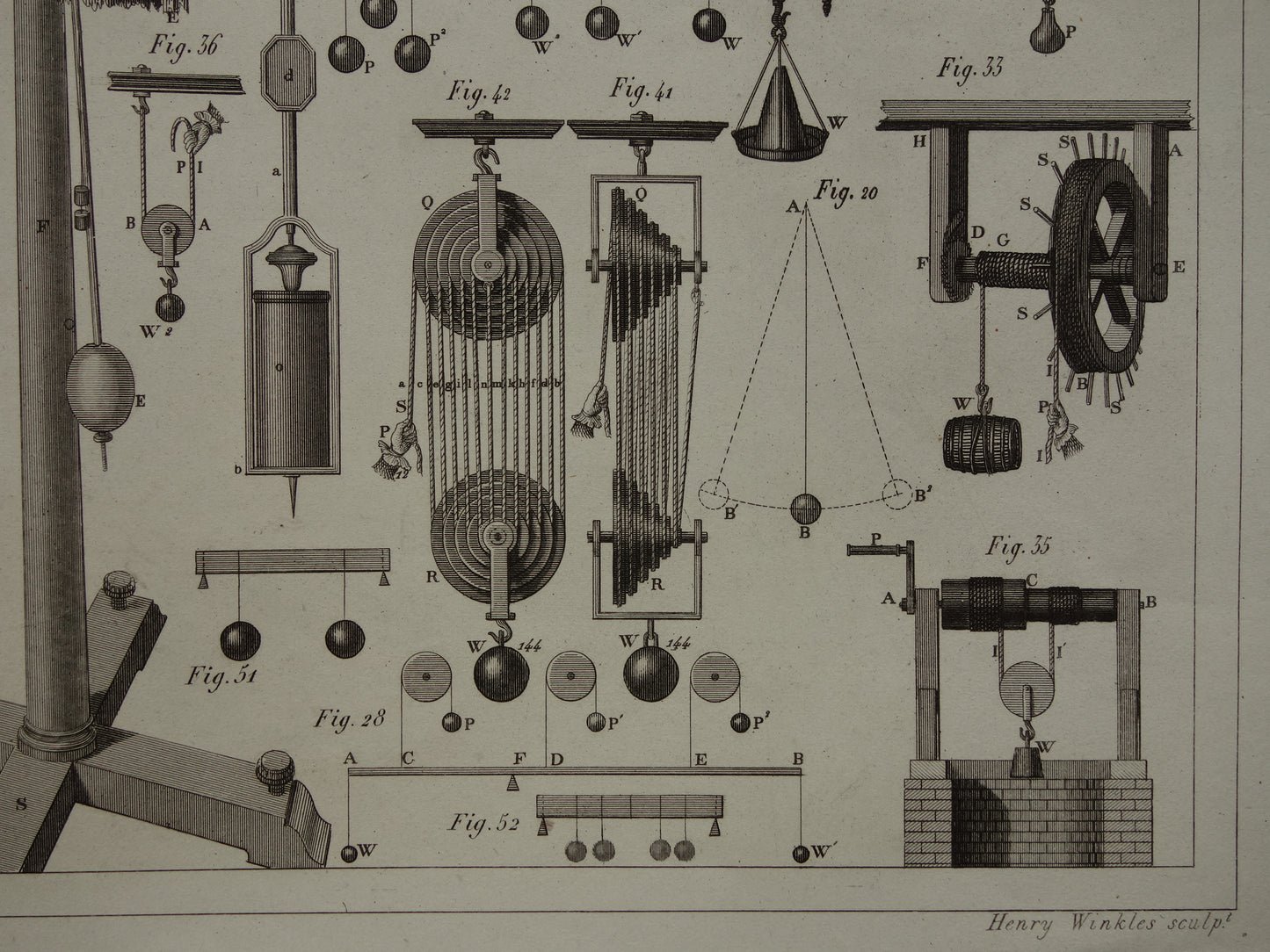 Natuurkunde oude prent katrollen 1849 originele antieke illustratie wetenschappelijke experimenten vintage print