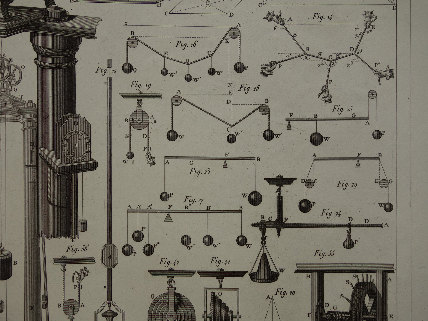 Natuurkunde oude prent katrollen 1849 originele antieke illustratie wetenschappelijke experimenten vintage print