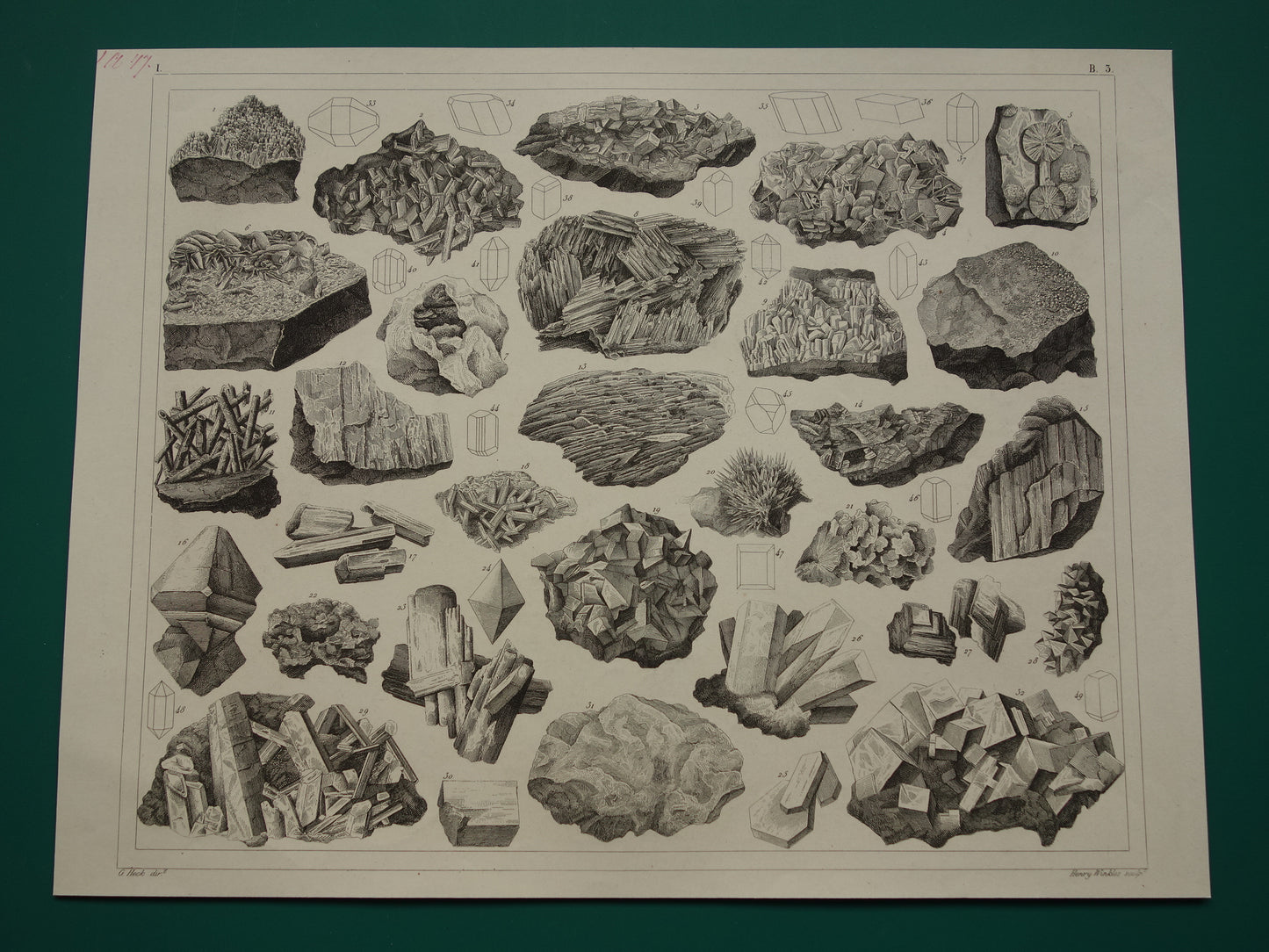 Oude prent Edelstenen en Mineralen 1849 originele antieke print kristallen kristalstructuren edelsteen vormen vintage illustratie