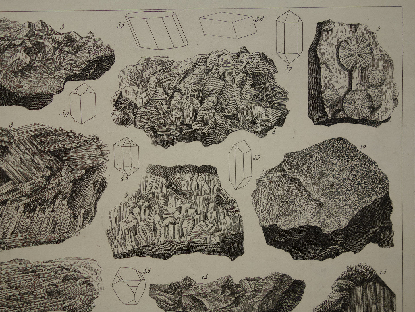 Oude prent Edelstenen en Mineralen 1849 originele antieke print kristallen kristalstructuren edelsteen vormen vintage illustratie