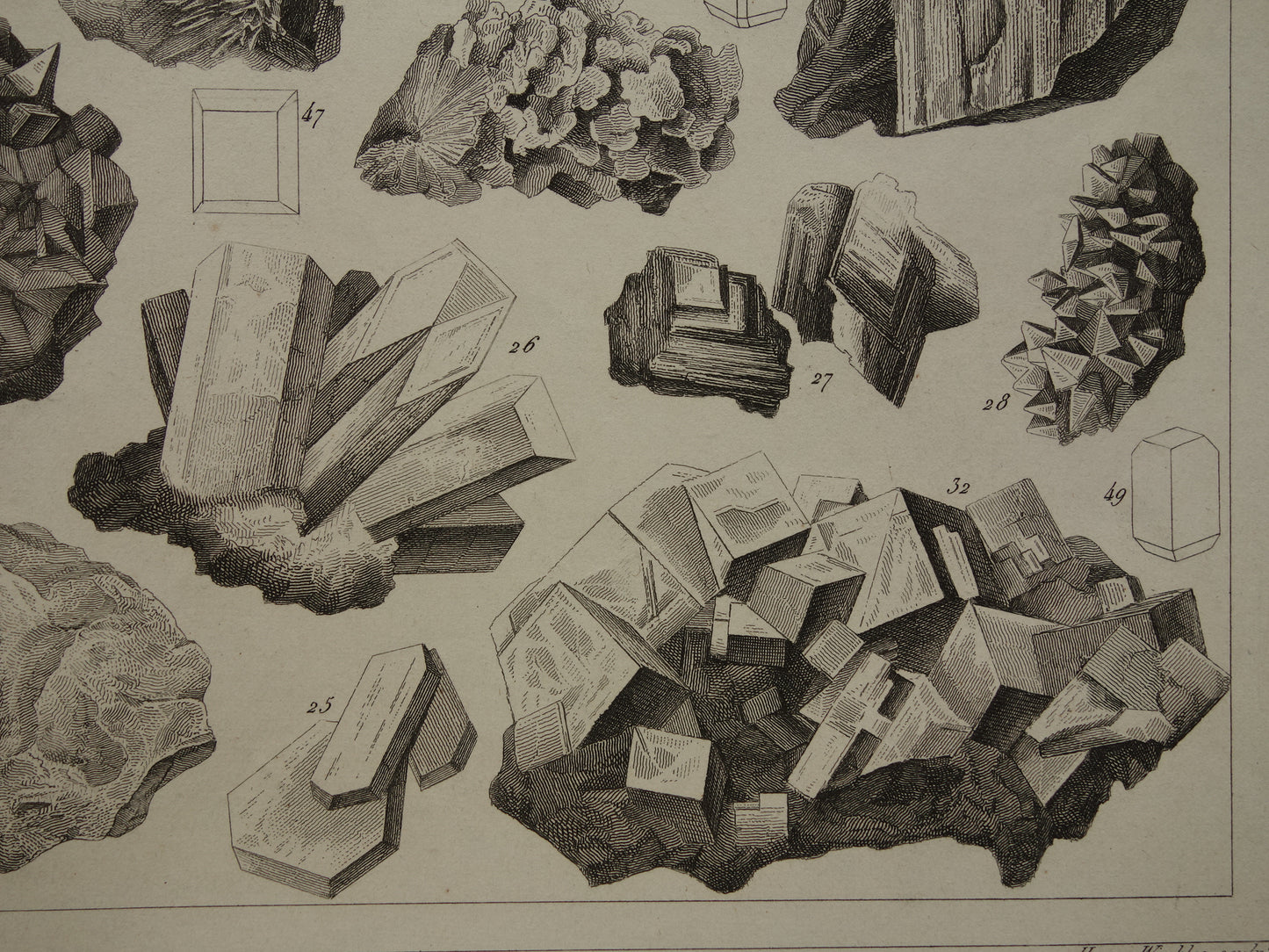 Oude prent Edelstenen en Mineralen 1849 originele antieke print kristallen kristalstructuren edelsteen vormen vintage illustratie