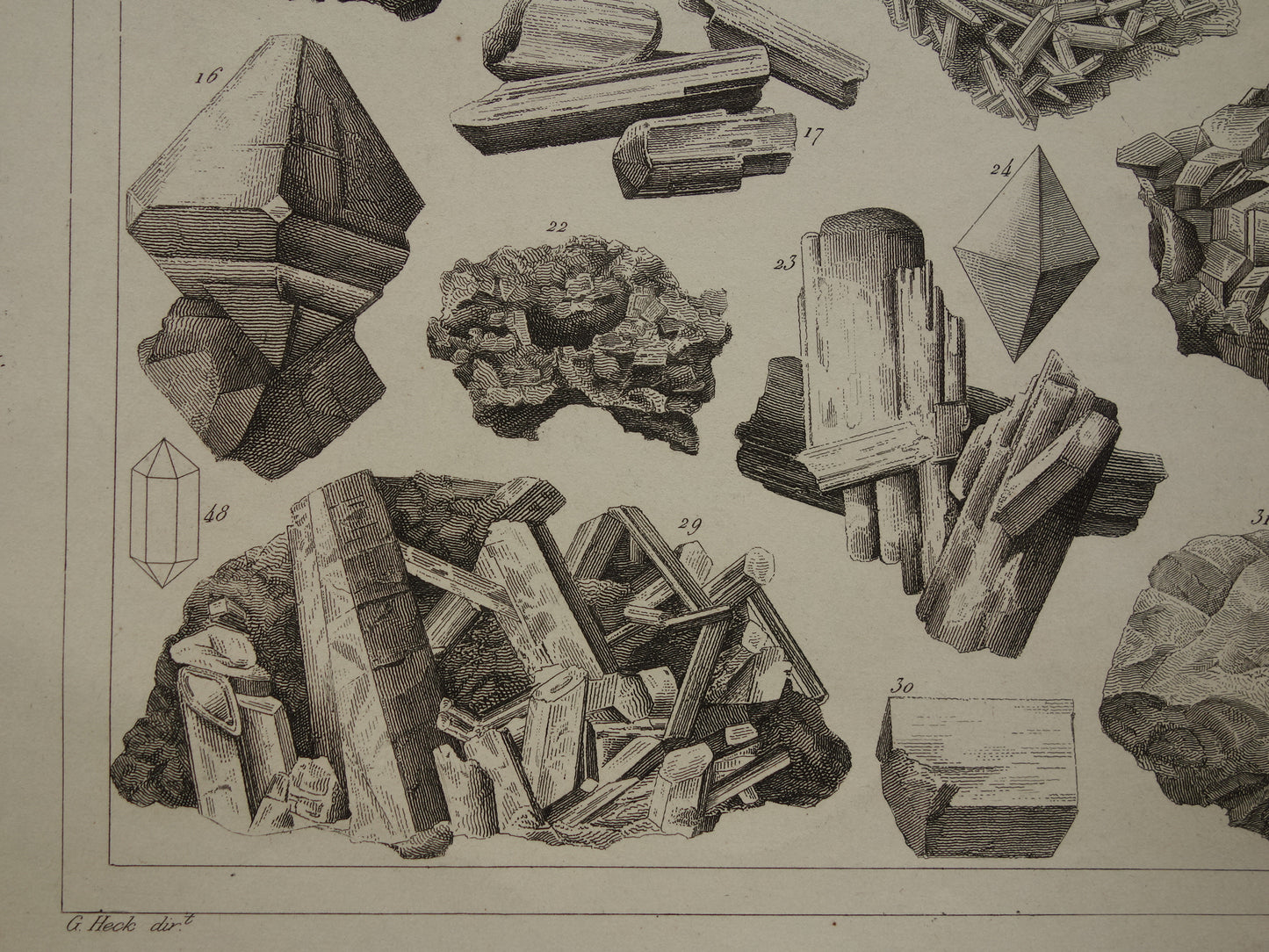 Oude prent Edelstenen en Mineralen 1849 originele antieke print kristallen kristalstructuren edelsteen vormen vintage illustratie