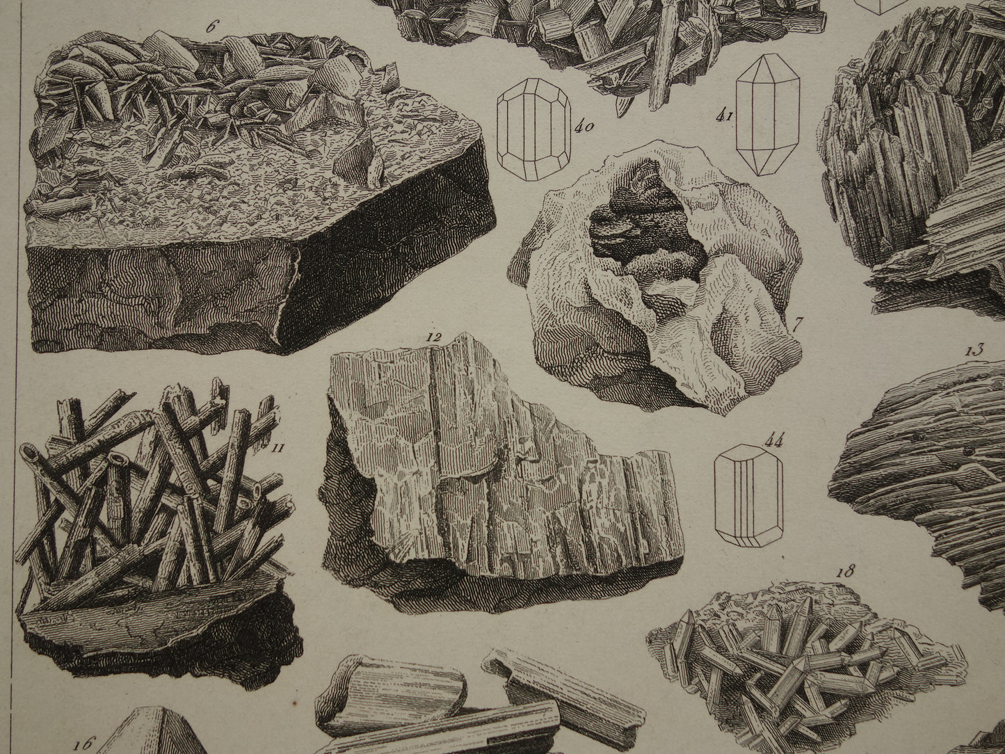 Oude prent Edelstenen en Mineralen 1849 originele antieke print kristallen kristalstructuren edelsteen vormen vintage illustratie