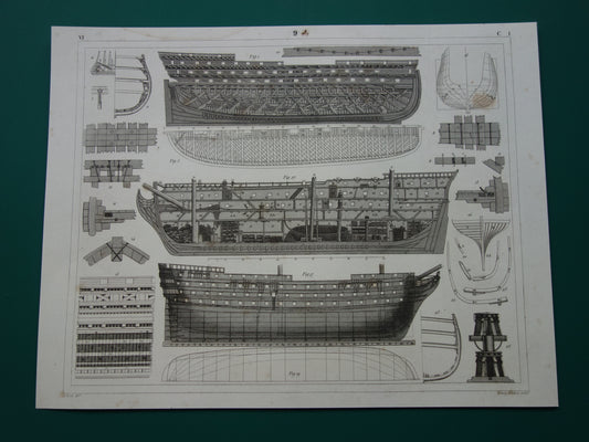 Scheepsbouw driemaster oorlogsschip vintage print - originele antieke prent maritieme geschiedenis - constructie romp