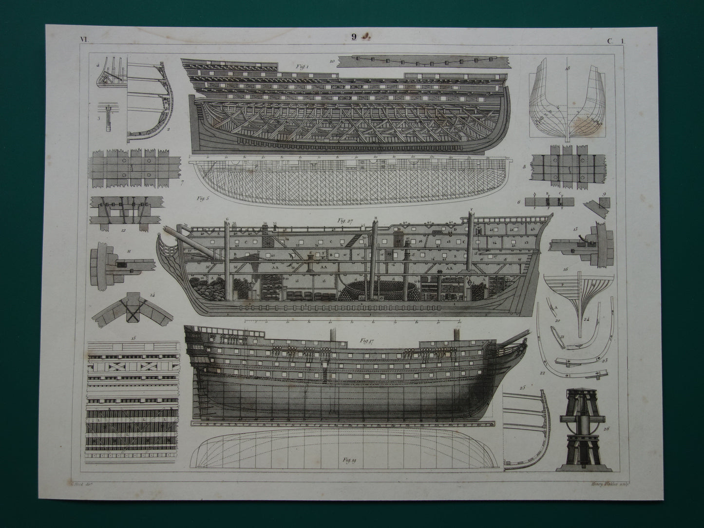 Scheepsbouw driemaster oorlogsschip vintage print - originele antieke prent maritieme geschiedenis - constructie romp