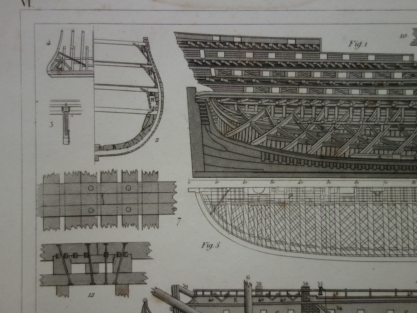 Scheepsbouw driemaster oorlogsschip vintage print - originele antieke prent maritieme geschiedenis - constructie romp