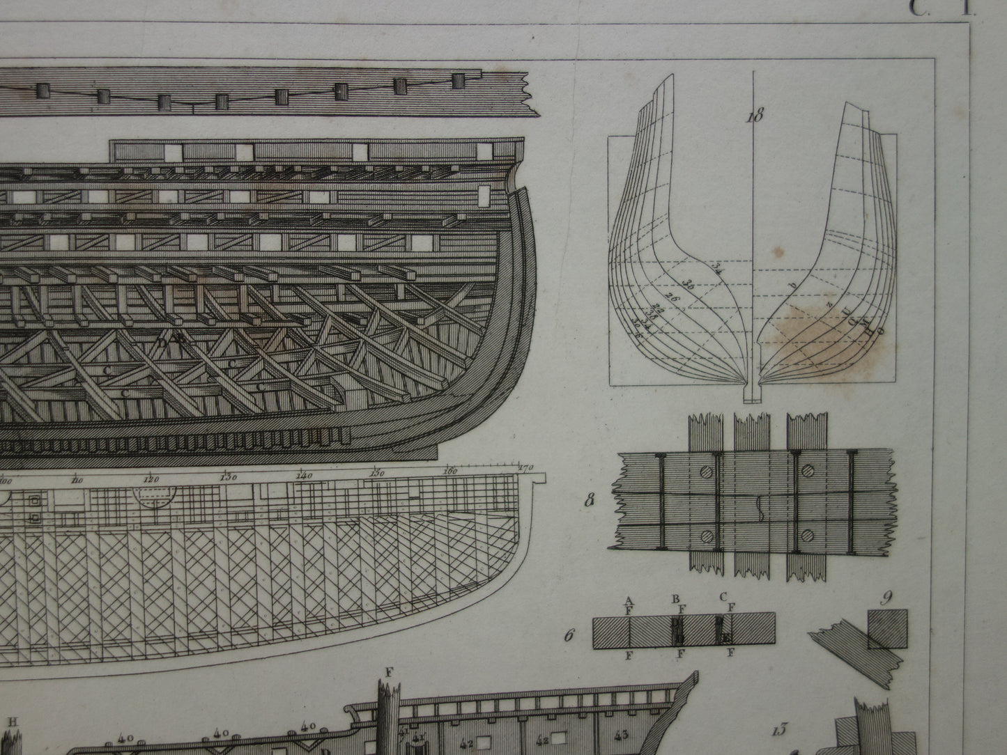 Scheepsbouw driemaster oorlogsschip vintage print - originele antieke prent maritieme geschiedenis - constructie romp