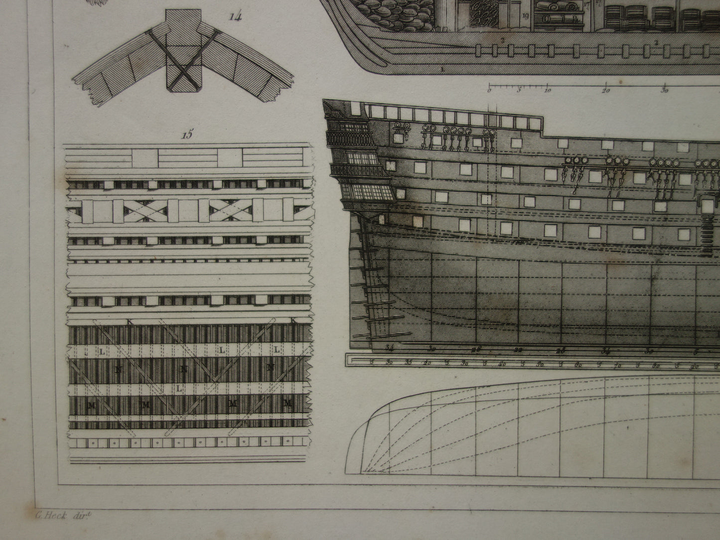 Scheepsbouw driemaster oorlogsschip vintage print - originele antieke prent maritieme geschiedenis - constructie romp