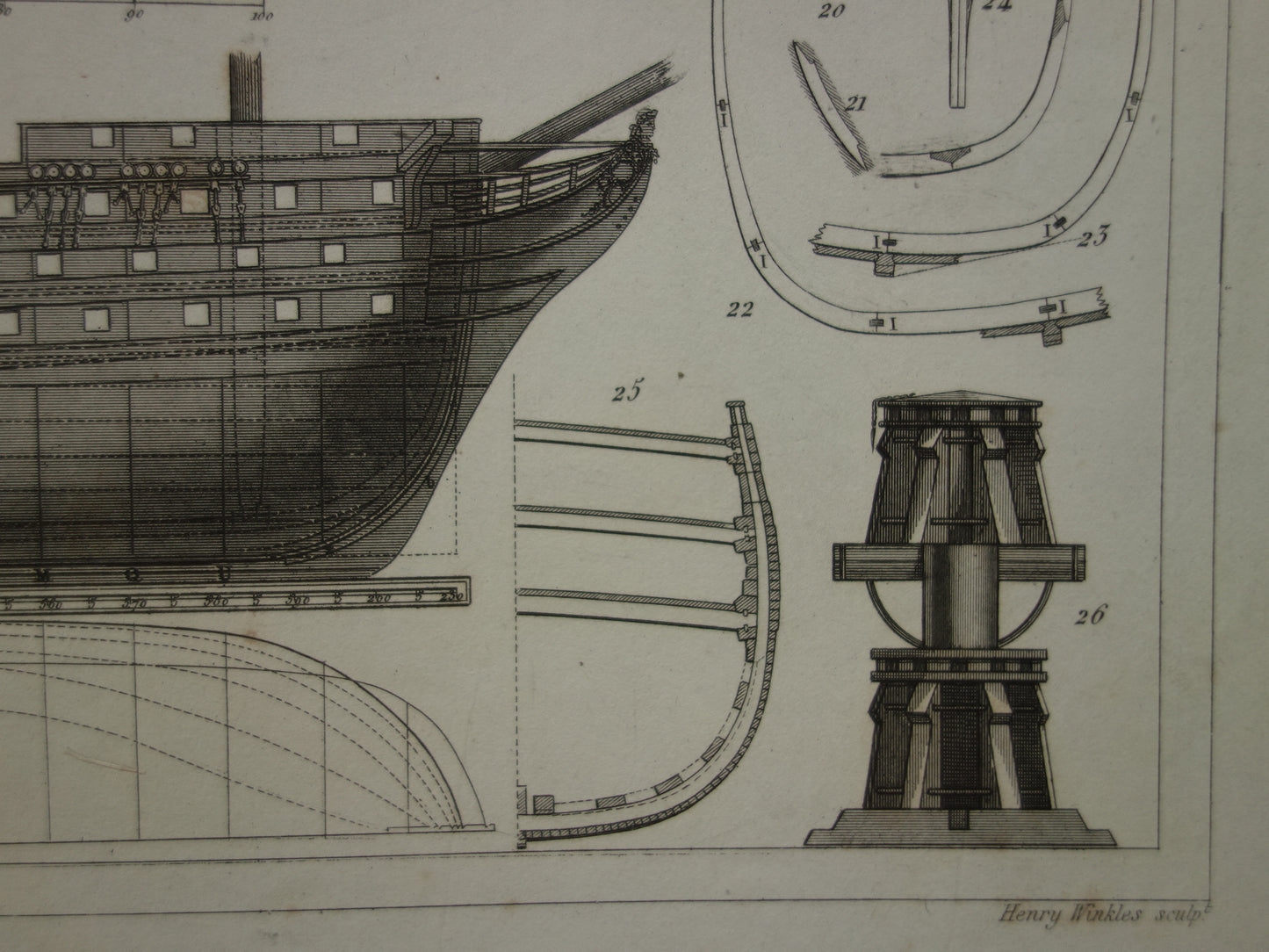 Scheepsbouw driemaster oorlogsschip vintage print - originele antieke prent maritieme geschiedenis - constructie romp