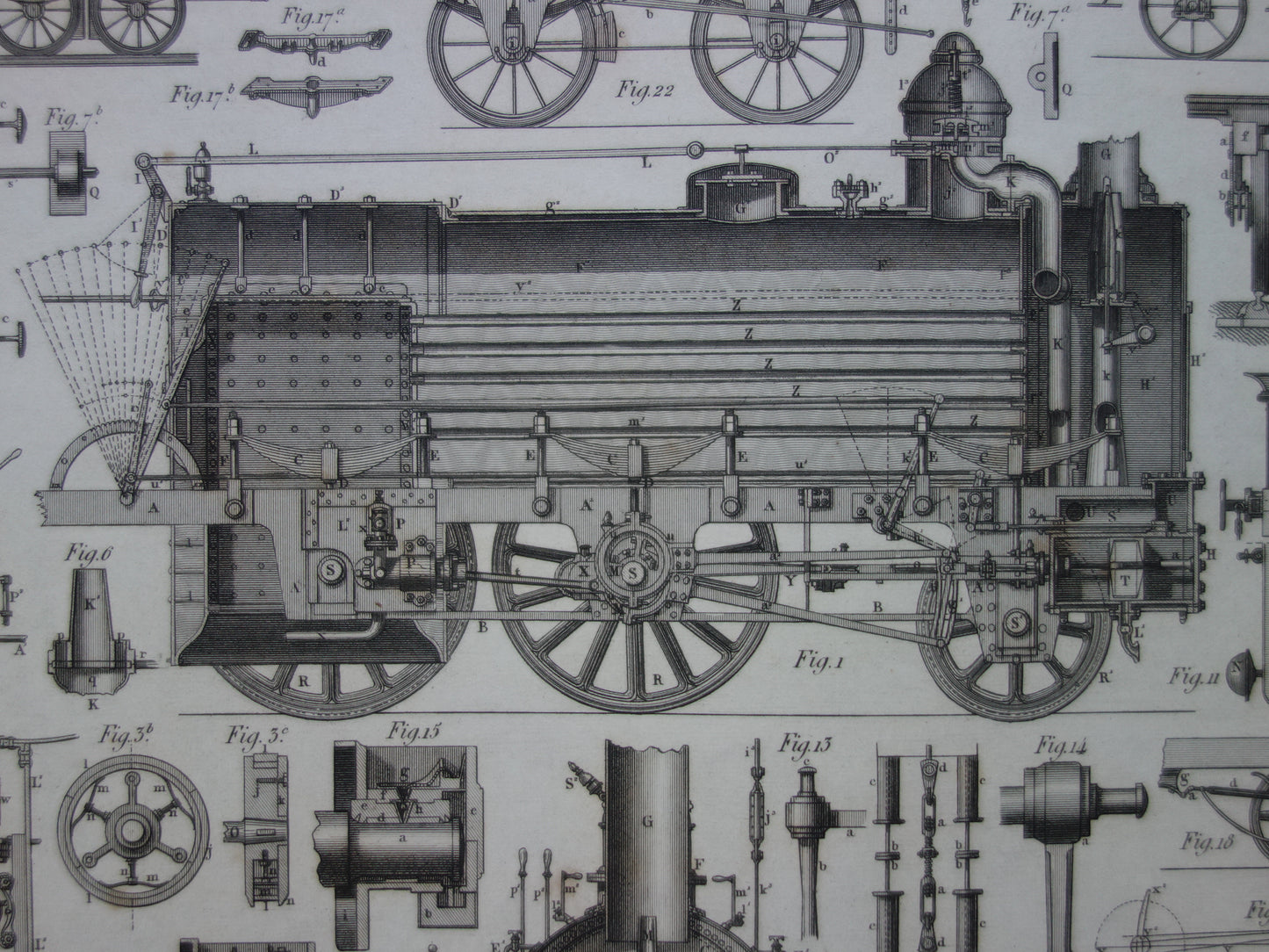 TREINEN Oude technologie prent van locomotief wagons - Antieke print spoorwegen rijtuigen stoomlocomotief techniek - Vintage prints