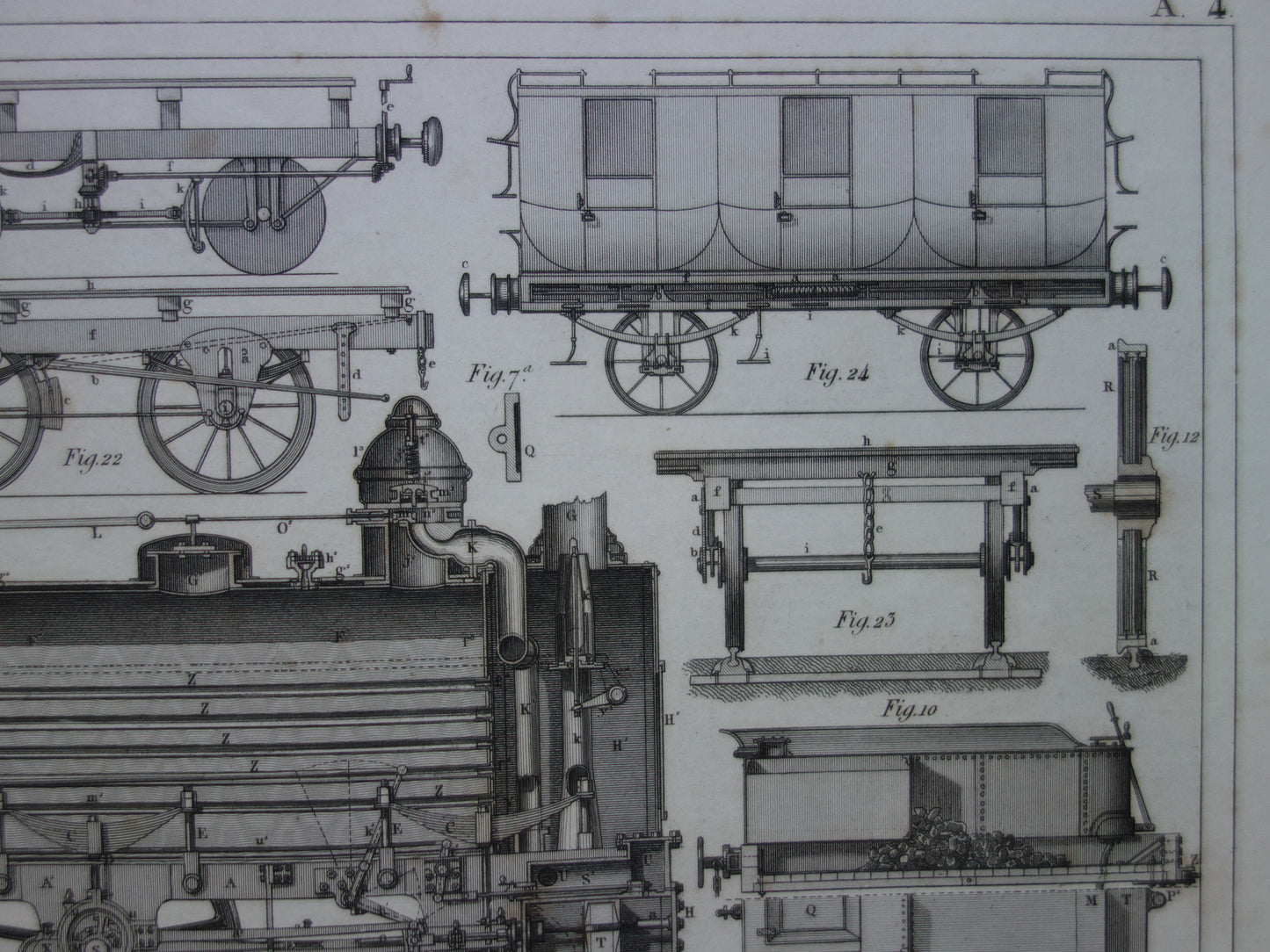 TREINEN Oude technologie prent van locomotief wagons - Antieke print spoorwegen rijtuigen stoomlocomotief techniek - Vintage prints