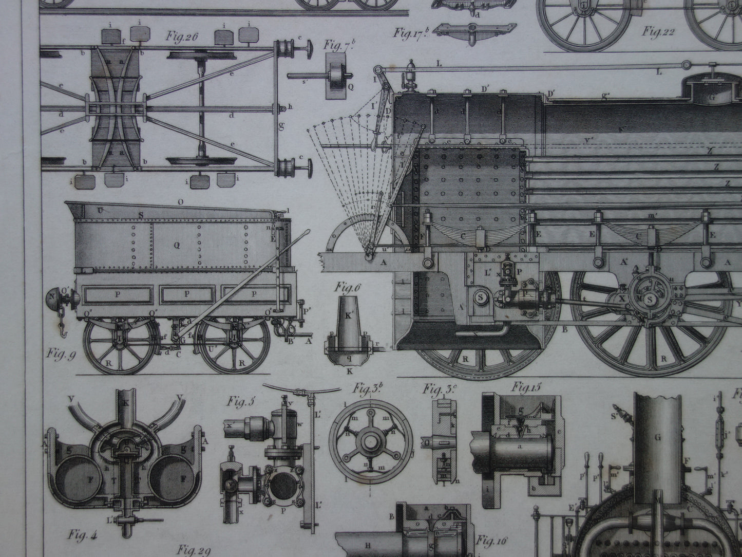 TREINEN Oude technologie prent van locomotief wagons - Antieke print spoorwegen rijtuigen stoomlocomotief techniek - Vintage prints