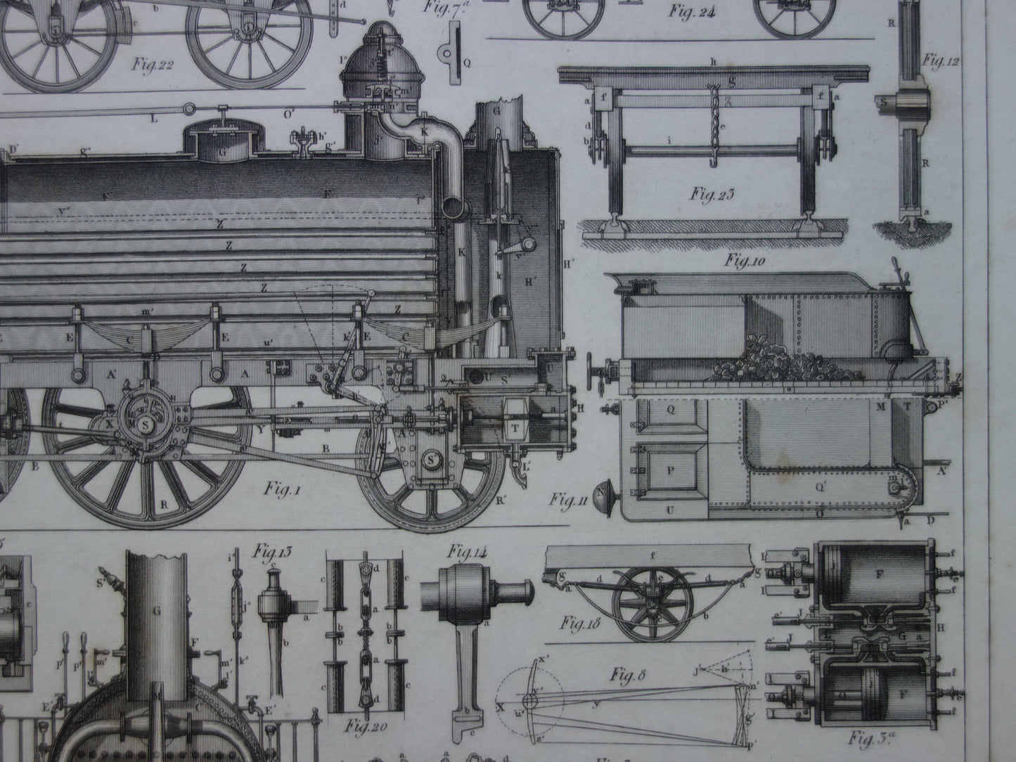 TREINEN Oude technologie prent van locomotief wagons - Antieke print spoorwegen rijtuigen stoomlocomotief techniek - Vintage prints