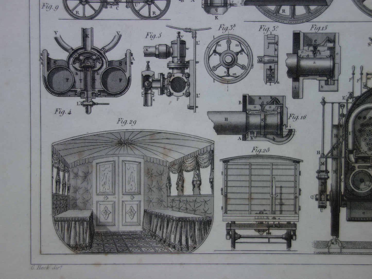 TREINEN Oude technologie prent van locomotief wagons - Antieke print spoorwegen rijtuigen stoomlocomotief techniek - Vintage prints