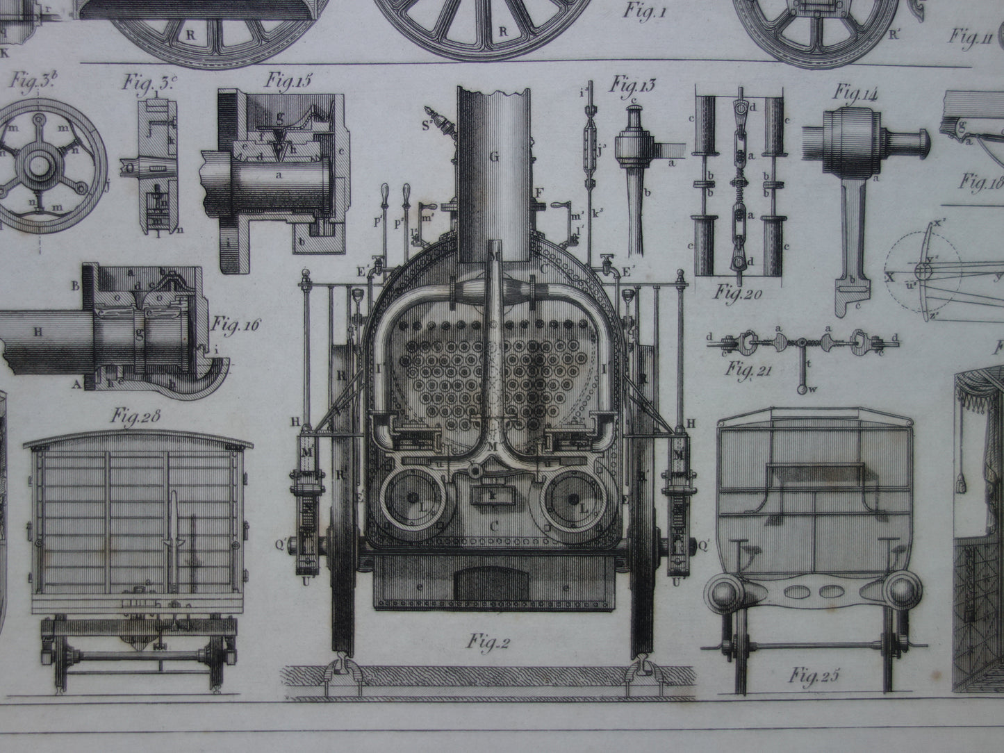 TREINEN Oude technologie prent van locomotief wagons - Antieke print spoorwegen rijtuigen stoomlocomotief techniek - Vintage prints