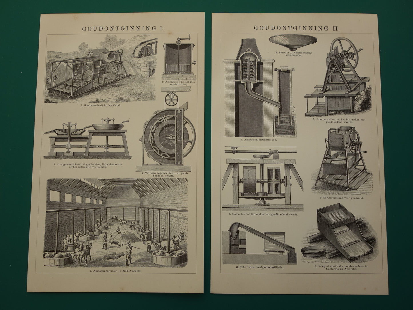 GOLD Set mit 2 antiken Drucken über den Goldbergbau, 1908, originale alte Illustration des Goldminenbergbaus – zwei niederländische Vintage-Drucke