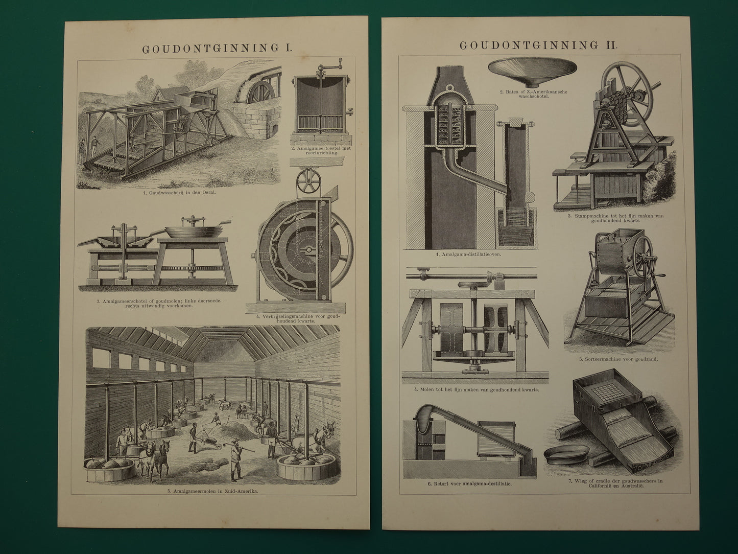 GOLD Set mit 2 antiken Drucken über den Goldbergbau, 1908, originale alte Illustration des Goldminenbergbaus – zwei niederländische Vintage-Drucke