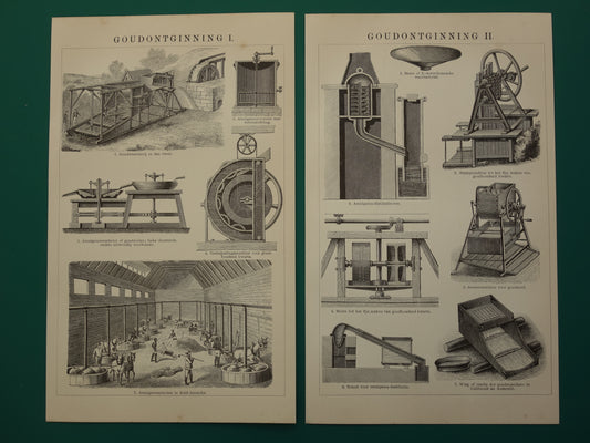 GOUD Set van 2 antieke prenten over goudwinning 1908 originele oude illustratie goudmijn ontginning - twee vintage Nederlandse prints