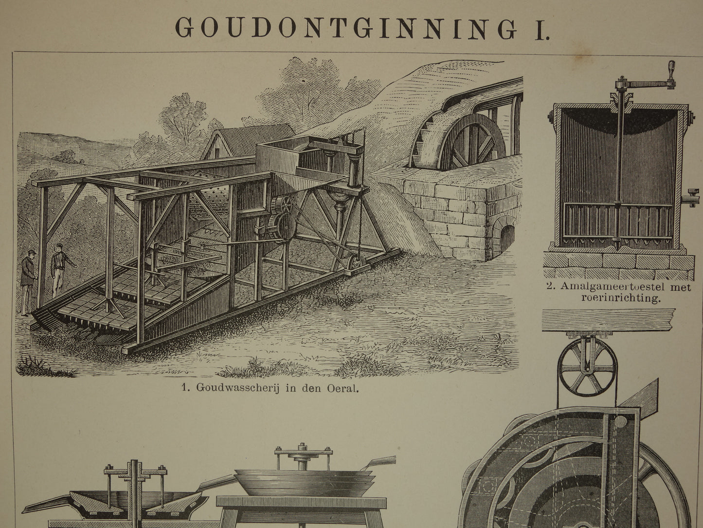 GOLD Set mit 2 antiken Drucken über den Goldbergbau, 1908, originale alte Illustration des Goldminenbergbaus – zwei niederländische Vintage-Drucke