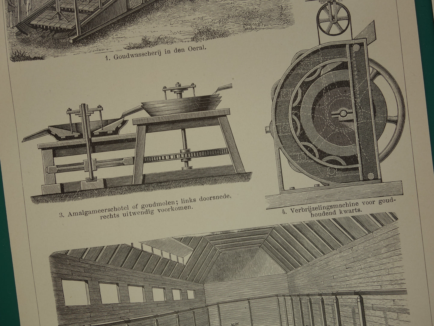 GOLD Set mit 2 antiken Drucken über den Goldbergbau, 1908, originale alte Illustration des Goldminenbergbaus – zwei niederländische Vintage-Drucke