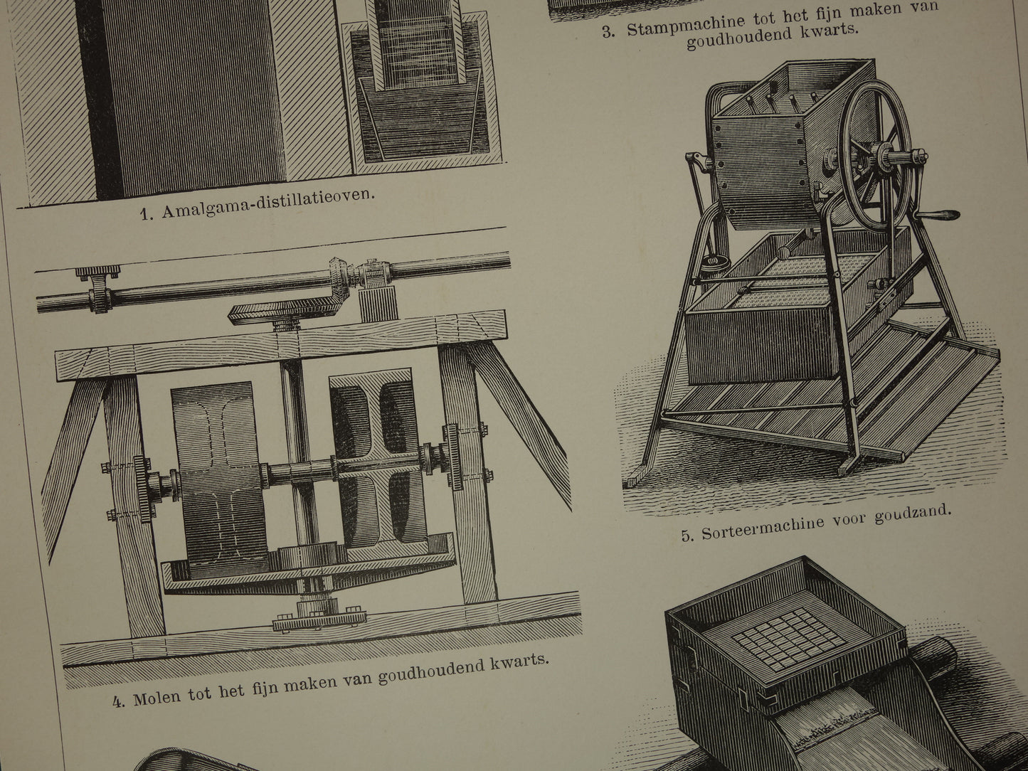 GOLD Set mit 2 antiken Drucken über den Goldbergbau, 1908, originale alte Illustration des Goldminenbergbaus – zwei niederländische Vintage-Drucke