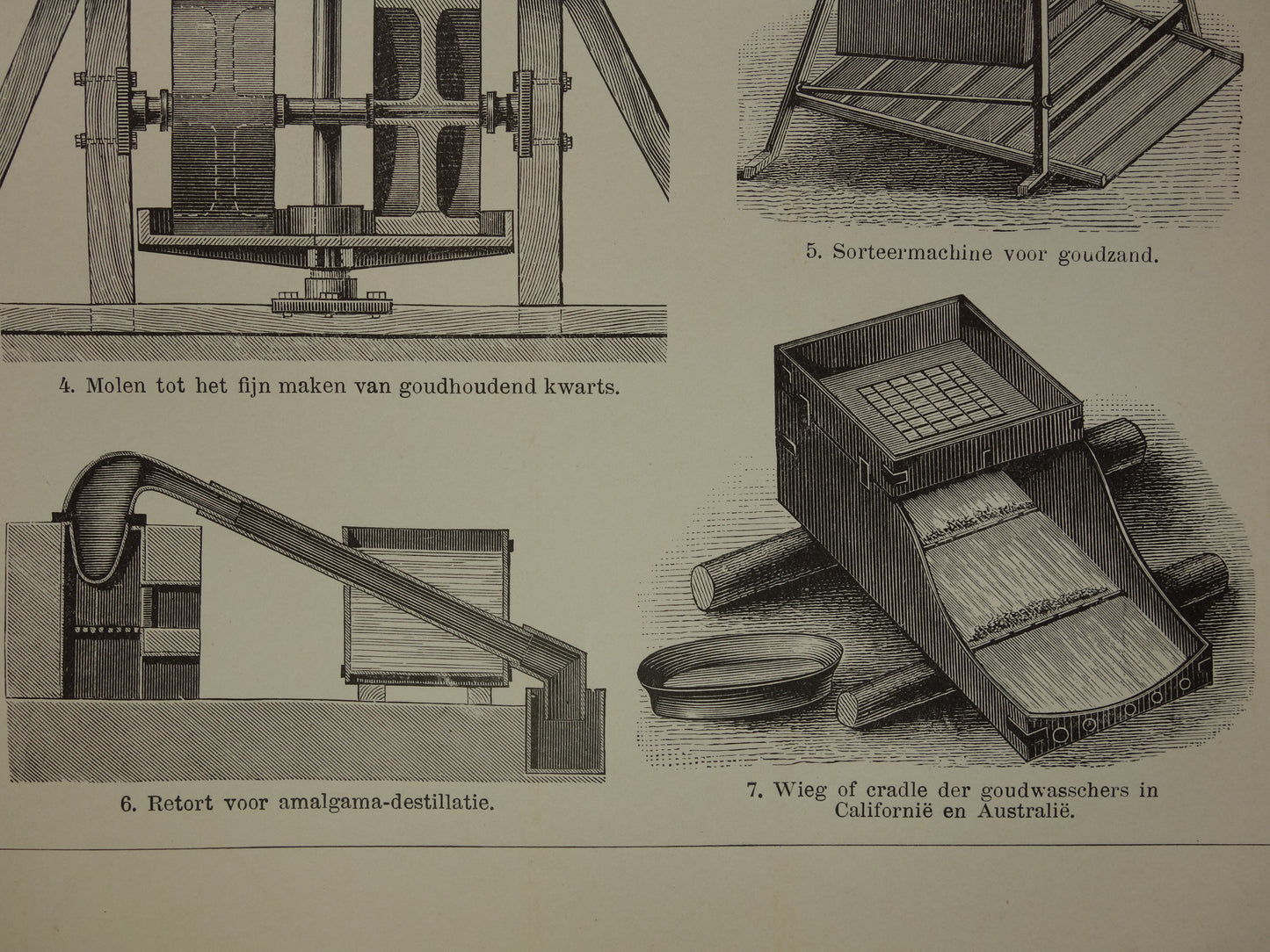 GOLD Set mit 2 antiken Drucken über den Goldbergbau, 1908, originale alte Illustration des Goldminenbergbaus – zwei niederländische Vintage-Drucke