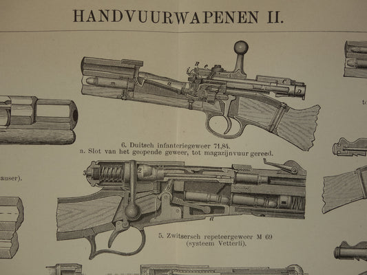 Oude prent van Geweren uit 1908 - Antieke illustratie Wapens Geweer - Mauser Lebel Vetterli