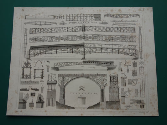 BRUGGEN Oude architectuur prent 1849 antieke print houten brug bouwkunde bruggenbouw vintage prints