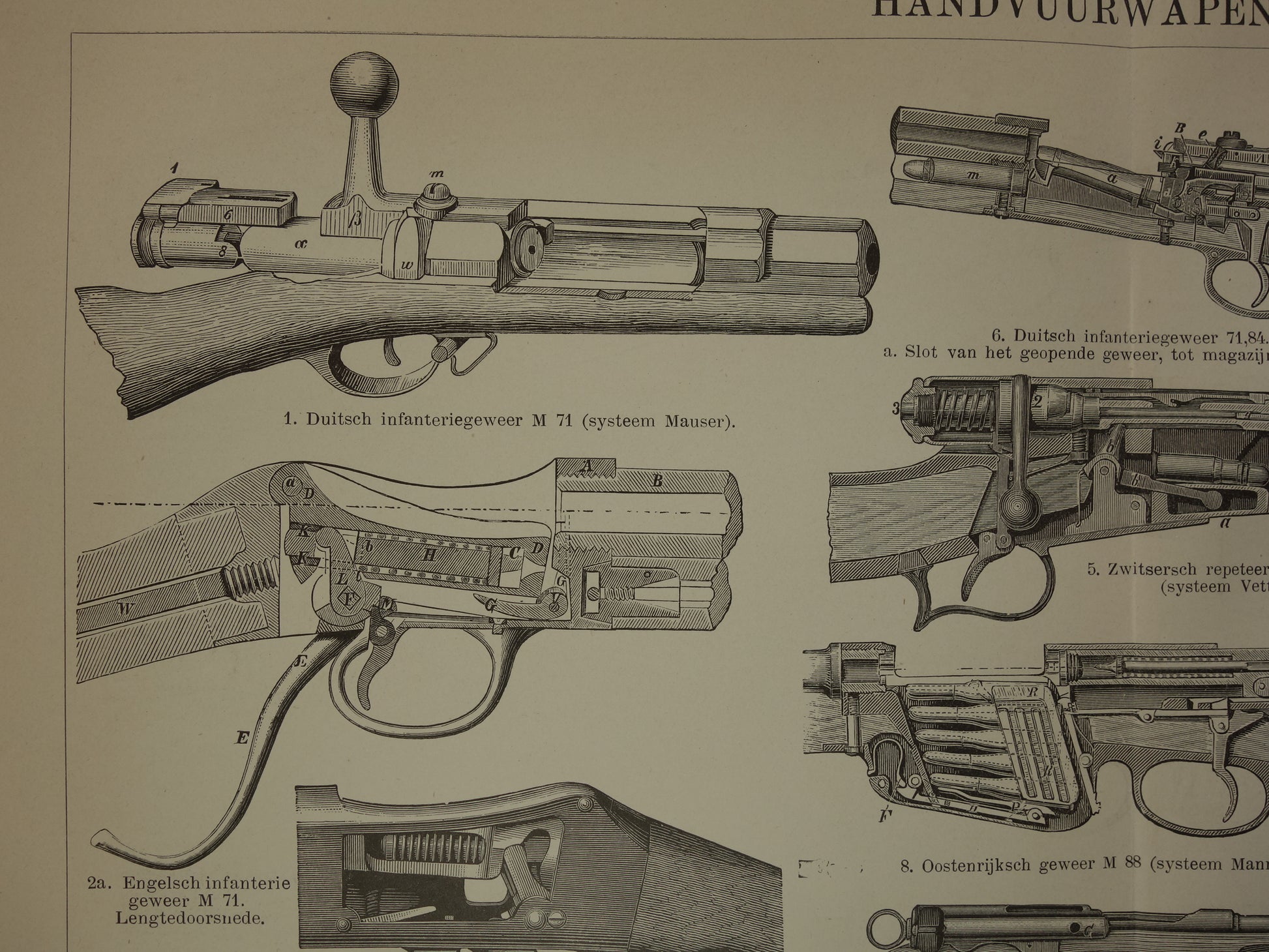 Oude prent van Geweren uit 1908 - Antieke illustratie Wapens Geweer - Mauser Lebel Vetterli